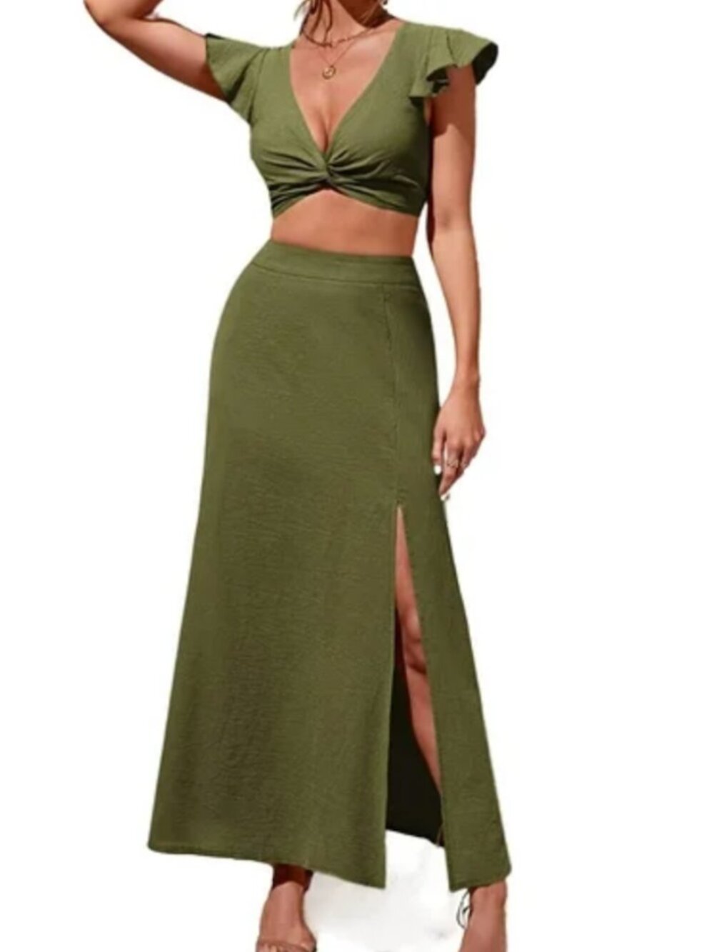 Women's Twist Plunging Neck Ruffle Crop Blouse 2 Piece Skirt Set